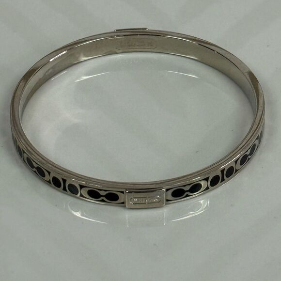 Coach Thin Silver and Black Logo Bangle Bracelet - Picture 3 of 3